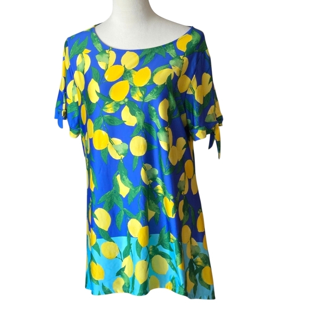 Ruby Rd Blue Lemon Print Top Women’s L Short Sleeve Bow Tie Cuff Tunic Length